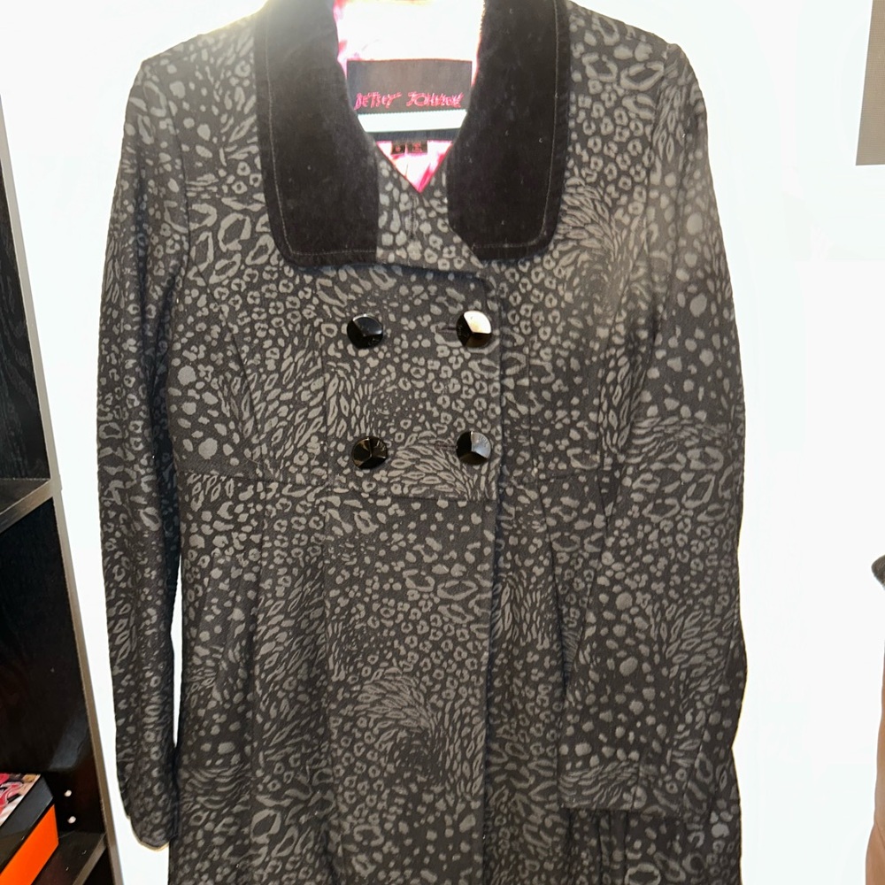 Betsey Johnson | Black Animal Print Peplum Pea Coat